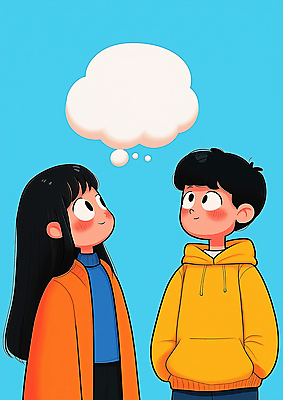 JPG 여자 남자 어린이 하늘색 말풍선 생각 일러스트 미소 소녀 소년 두명 올려보기 주머니손 어린이만 카피스페이스 국내일러스트 AI일러스트 AI콘텐츠 모션 표정 사람 파란색 공백 파일형식