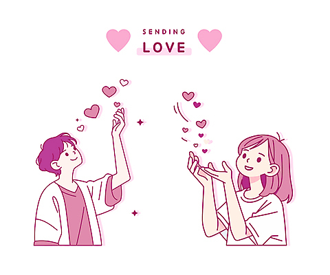 여자 기념일 남자 분홍색 스티커 일러스트 발렌타인데이 미소 성인 두명 반짝임 손들기 하트 오브젝트 성인만 국내일러스트 AI파일 모양 컬러 모션 데이이벤트 표정 사람 이벤트 파일형식 벡터