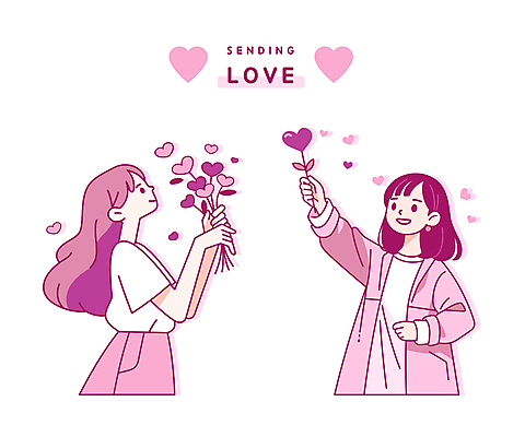 식물 여자 기념일 분홍색 스티커 일러스트 발렌타인데이 미소 들기 성인 두명 손들기 하트 오브젝트 성인여자만 국내일러스트 AI파일 모양 컬러 모션 데이이벤트 표정 사람 이벤트 여자만 성인만 파일형식 벡터
