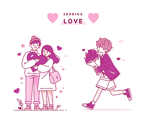 전신 식물 커플 여자 기념일 남자 어린이 분홍색 꽃다발 스티커 가방 일러스트 안기 나뭇잎 발렌타인데이 윙크 소년 성인 세명 걷기 하트 오브젝트 국내일러스트 AI파일 모양 잡화 꽃 컬러 잎 관계 모션 데이이벤트 표정 사람 이벤트 파일형식 벡터