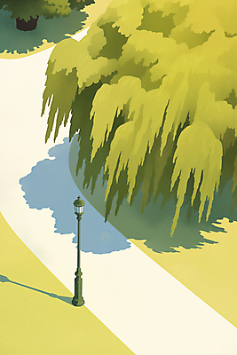 JPG 무료이미지 공원 가로등 일러스트 자연 그림자 풍경 사람없음 초록색 봄 산책로 버드나무 국내일러스트 AI일러스트 AI콘텐츠 나무 계절 공공시설 길 컬러 생태계 파일형식