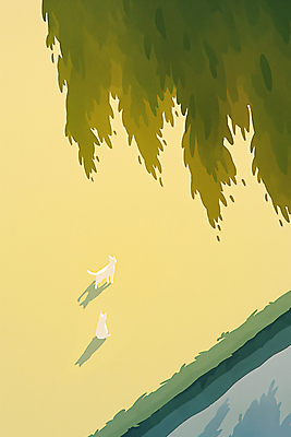 JPG 일러스트 자연 그림자 잔디 사람없음 초록색 강 고양이 봄 버드나무 국내일러스트 AI일러스트 AI콘텐츠 나무 식물 계절 컬러 포유류 반려동물 생태계 파일형식