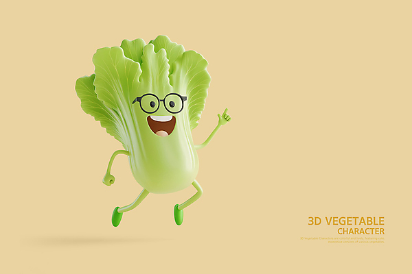 PSD 편집이미지 3D캐릭터 의인화 웃음 사람없음 3D 손들기 점프 주먹 가리킴 배추 채소캐릭터 베이지색 안경낌 편집3D 캐릭터 안경 컬러 채소 모션 표정 손짓 디지털합성 파일형식