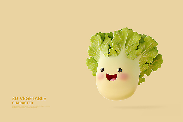 PSD 편집이미지 3D캐릭터 의인화 웃음 사람없음 3D 배추 채소캐릭터 베이지색 편집3D 캐릭터 컬러 채소 표정 디지털합성 파일형식