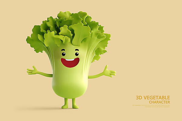 PSD 편집이미지 팔벌리기 3D캐릭터 의인화 웃음 사람없음 3D 샐러리 채소캐릭터 베이지색 편집3D 캐릭터 컬러 채소 모션 표정 디지털합성 파일형식