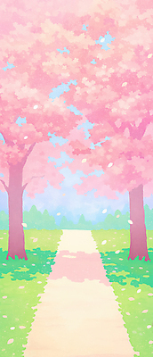JPG 꽃잎 분홍색 일러스트 자연 그림자 사람없음 봄풍경 산책로 벚나무 흩날리기 국내일러스트 AI일러스트 AI콘텐츠 나무 꽃 길 컬러 모션 풍경 봄 벚꽃 생태계 파일형식