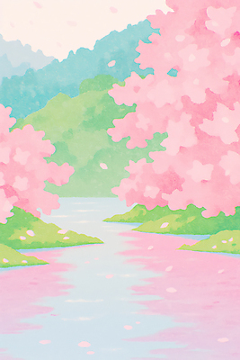 JPG 분홍색 일러스트 자연 하늘 산 사람없음 봄풍경 벚나무 강가 국내일러스트 AI일러스트 AI콘텐츠 나무 컬러 풍경 강 봄 벚꽃 생태계 파일형식