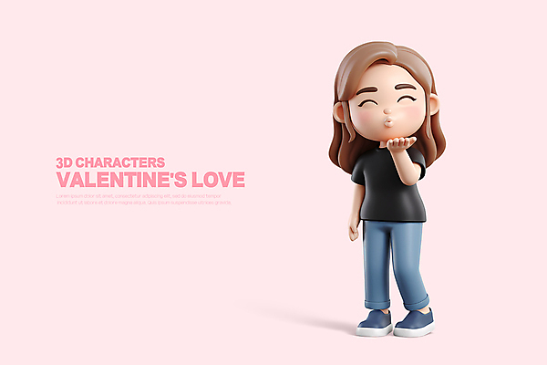 전신 PSD 편집이미지 여자 분홍색 키스 3D캐릭터 발렌타인데이 사랑 한명 미소 성인 3D 손들기 성인여자한명만 편집3D 캐릭터 1 감정 컬러 모션 데이이벤트 표정 사람 디지털합성 애정표현 여자한명만 성인여자만 파일형식