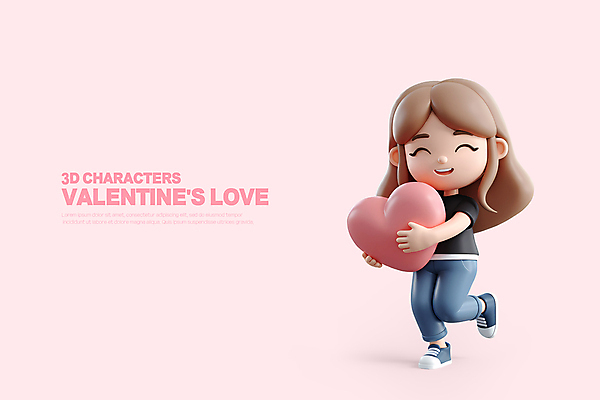 전신 PSD 편집이미지 여자 분홍색 안기 3D캐릭터 발렌타인데이 사랑 한명 미소 성인 3D 하트 다리들기 성인여자한명만 편집3D 모양 캐릭터 1 감정 컬러 모션 데이이벤트 표정 사람 디지털합성 여자한명만 성인여자만 파일형식