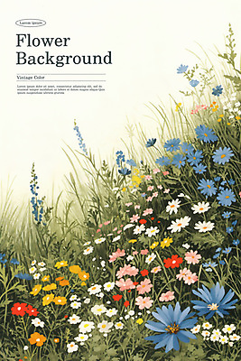 PSD 포스터 꽃밭 일러스트 자연 사람없음 컬러풀 봄 빈티지 풀 복고 국내일러스트 식물 계절 꽃 컬러 컨셉 생태계 파일형식