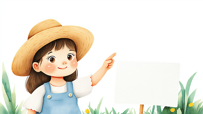 JPG 식물 여자 어린이 일러스트 자연 안내 한명 미소 소녀 팻말 가리킴 밀짚모자 소녀한명만 카피스페이스 국내일러스트 AI일러스트 AI콘텐츠 모자_잡화 1 프레임 표정 사람 손짓 공백 생태계 여자한명만 소녀만 파일형식