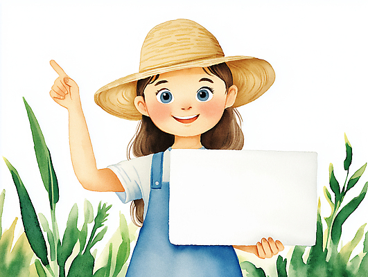 JPG 식물 여자 어린이 일러스트 자연 안내 한명 미소 들기 소녀 팻말 가리킴 밀짚모자 소녀한명만 카피스페이스 국내일러스트 AI일러스트 AI콘텐츠 모자_잡화 1 모션 프레임 표정 사람 손짓 공백 생태계 여자한명만 소녀만 파일형식