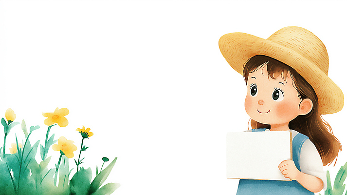 JPG 여자 꽃 어린이 일러스트 자연 안내 한명 미소 들기 소녀 팻말 밀짚모자 소녀한명만 카피스페이스 국내일러스트 AI일러스트 AI콘텐츠 식물 모자_잡화 1 모션 프레임 표정 사람 공백 생태계 여자한명만 소녀만 파일형식