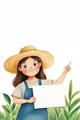 JPG 식물 여자 어린이 일러스트 자연 안내 한명 미소 들기 소녀 팻말 가리킴 밀짚모자 소녀한명만 카피스페이스 국내일러스트 AI일러스트 AI콘텐츠 모자_잡화 1 모션 프레임 표정 사람 손짓 공백 생태계 여자한명만 소녀만 파일형식