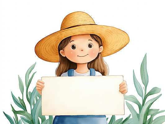 JPG 식물 여자 어린이 일러스트 자연 안내 한명 미소 들기 소녀 팻말 밀짚모자 소녀한명만 카피스페이스 국내일러스트 AI일러스트 AI콘텐츠 모자_잡화 1 모션 프레임 표정 사람 공백 생태계 여자한명만 소녀만 파일형식