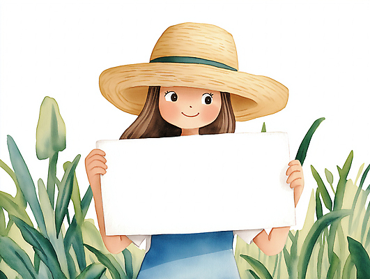 JPG 식물 여자 어린이 일러스트 자연 안내 한명 미소 들기 소녀 팻말 밀짚모자 소녀한명만 카피스페이스 국내일러스트 AI일러스트 AI콘텐츠 모자_잡화 1 모션 프레임 표정 사람 공백 생태계 여자한명만 소녀만 파일형식