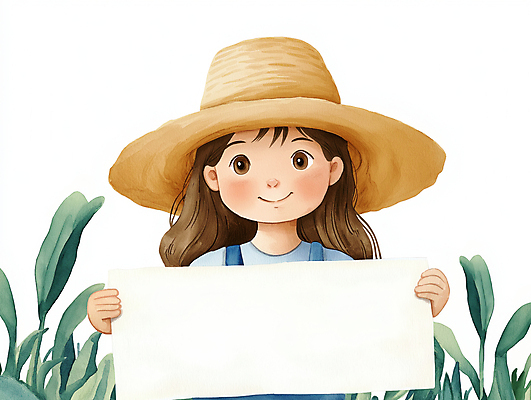 JPG 식물 여자 어린이 일러스트 자연 안내 한명 미소 들기 소녀 팻말 밀짚모자 소녀한명만 카피스페이스 국내일러스트 AI일러스트 AI콘텐츠 모자_잡화 1 모션 프레임 표정 사람 공백 생태계 여자한명만 소녀만 파일형식