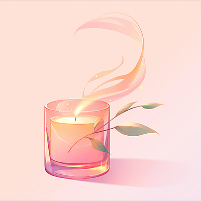 JPG 분홍색 일러스트 불꽃 나뭇잎 사람없음 빛 힐링 향기 아로마 향초 국내일러스트 AI일러스트 AI콘텐츠 컬러 잎 초 불 냄새 파일형식