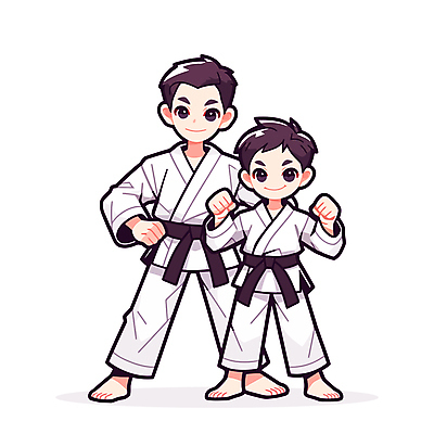 전신 남자 어린이 허리손 일러스트 미소 소년 성인 두명 손들기 주먹 태권도 검은띠 사범 남자만 일러캐릭터 AI파일 캐릭터 스포츠용품 포즈 모션 표정 사람 격투기 끈 파일형식 벡터