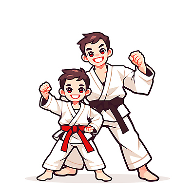 전신 남자 어린이 일러스트 미소 소년 성인 두명 손들기 주먹 태권도 검은띠 사범 남자만 빨간띠 일러캐릭터 AI파일 캐릭터 스포츠용품 모션 표정 사람 격투기 끈 파일형식 벡터