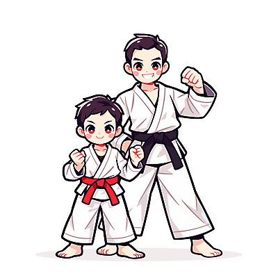 전신 남자 어린이 일러스트 미소 소년 성인 두명 손들기 주먹 태권도 검은띠 사범 남자만 빨간띠 일러캐릭터 AI파일 캐릭터 스포츠용품 모션 표정 사람 격투기 끈 파일형식 벡터