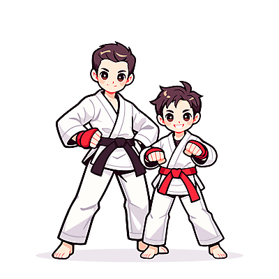전신 남자 어린이 일러스트 미소 소년 성인 두명 손들기 주먹 태권도 검은띠 사범 손보호장갑 남자만 빨간띠 일러캐릭터 AI파일 캐릭터 스포츠용품 모션 표정 사람 격투기 끈 파일형식 벡터