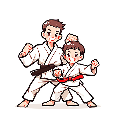 전신 남자 어린이 일러스트 미소 소년 성인 두명 손들기 주먹 태권도 검은띠 사범 남자만 빨간띠 일러캐릭터 AI파일 캐릭터 스포츠용품 모션 표정 사람 격투기 끈 파일형식 벡터