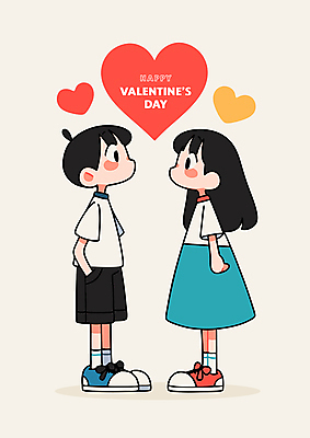 전신 여자 남자 어린이 프로포즈 일러스트 발렌타인데이 사랑 소녀 소년 두명 빨간색 마주보기 하트 주머니손 어린이만 국내일러스트 AI파일 모양 감정 컬러 모션 데이이벤트 사람 파일형식 벡터