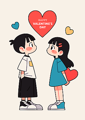 전신 여자 남자 어린이 프로포즈 일러스트 발렌타인데이 사랑 들기 소녀 소년 두명 빨간색 마주보기 하트 머리핀 뒷짐 주머니손 어린이만 국내일러스트 AI파일 모양 감정 컬러 장신구 모션 데이이벤트 사람 파일형식 벡터