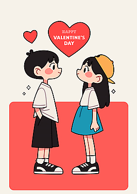 전신 모자 여자 남자 어린이 프로포즈 일러스트 발렌타인데이 사랑 미소 소녀 소년 두명 빨간색 반짝임 마주보기 하트 주머니손 어린이만 국내일러스트 AI파일 모양 잡화 감정 컬러 모션 데이이벤트 표정 사람 파일형식 벡터