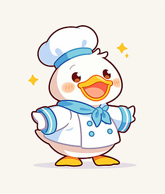 일러스트 요리사모자 웃음 사람없음 반짝임 노란색 손들기 귀여움 요리사 스카프 조리복 오리캐릭터 일러캐릭터 AI파일 직업 캐릭터 모자_잡화 컬러 동물캐릭터 컨셉 유니폼 모션 오리 표정 목도리 파일형식 벡터