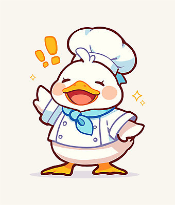 일러스트 요리사모자 웃음 사람없음 반짝임 노란색 손들기 귀여움 요리사 스카프 느낌표 조리복 손인사 오리캐릭터 일러캐릭터 AI파일 직업 캐릭터 모자_잡화 기호 컬러 동물캐릭터 컨셉 유니폼 모션 오리 표정 목도리 인사 파일형식 벡터