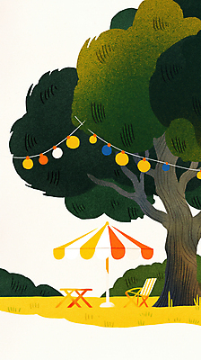 JPG 나무 의자 일러스트 탁자 휴식 조명 풍경 사람없음 야외 장식 초록색 소풍 평화 파라솔 휴양지 힐링 가랜드 국내일러스트 AI일러스트 AI콘텐츠 식물 컬러 가구 컨셉 야외활동 장소 파티용품 파일형식