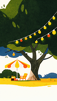 JPG 나무 의자 일러스트 휴식 조명 풍경 사람없음 야외 장식 초록색 소풍 바구니 평화 파라솔 그늘 휴양지 힐링 가랜드 국내일러스트 AI일러스트 AI콘텐츠 식물 컬러 가구 컨셉 야외활동 장소 파티용품 파일형식