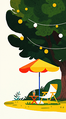 JPG 나무 음료 의자 일러스트 탁자 휴식 조명 풍경 사람없음 야외 장식 초록색 소풍 평화 파라솔 휴양지 힐링 가랜드 국내일러스트 AI일러스트 AI콘텐츠 식물 컬러 가구 컨셉 야외활동 장소 파티용품 파일형식