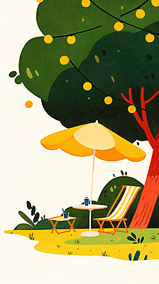 JPG 나무 의자 일러스트 탁자 휴식 조명 풍경 사람없음 야외 장식 컵 초록색 소풍 평화 파라솔 휴양지 힐링 가랜드 국내일러스트 AI일러스트 AI콘텐츠 식물 식기 컬러 가구 컨셉 야외활동 장소 파티용품 파일형식