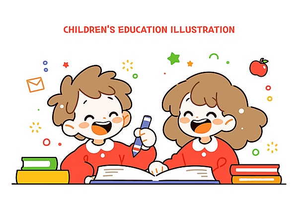 여자 교육 남자 어린이 일러스트 미소 웃음 들기 소녀 소년 상반신 두명 책 친구 펜 기록 어린이만 국내일러스트 AI파일 관계 모션 표정 사람 필기구 파일형식 벡터