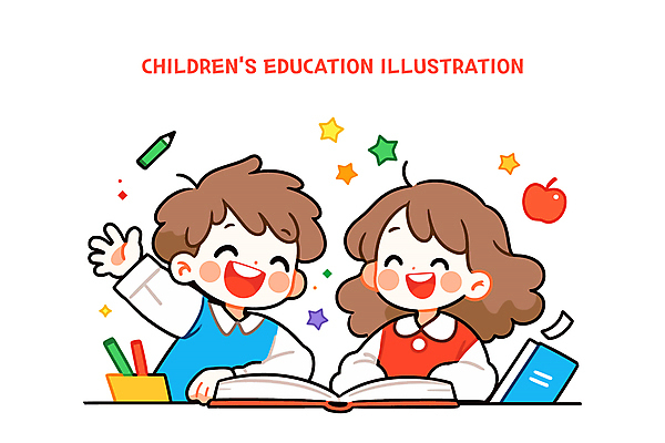 여자 교육 남자 어린이 일러스트 미소 웃음 소녀 소년 상반신 두명 책 친구 펜 사과 연필꽂이 어린이만 국내일러스트 AI파일 과일 관계 문구용품 표정 사람 필기구 파일형식 벡터