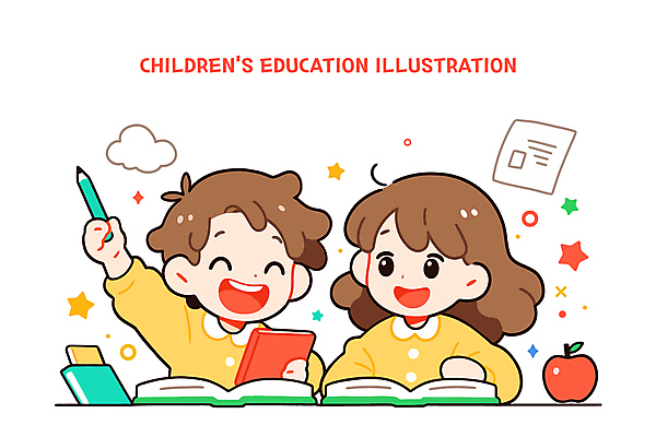 여자 교육 남자 어린이 일러스트 미소 웃음 들기 소녀 소년 상반신 두명 책 친구 펜 사과 문서 어린이만 국내일러스트 AI파일 과일 관계 모션 표정 사람 필기구 파일형식 벡터