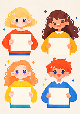 JPG 여자 남자 종이 어린이 일러스트 미소 들기 소녀 소년 여러명 상반신 반짝임 컬러풀 팻말 어린이만 카피스페이스 국내일러스트 AI일러스트 AI콘텐츠 컬러 다수 모션 프레임 표정 사람 공백 파일형식