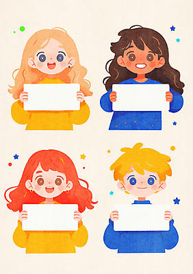 JPG 여자 남자 종이 어린이 일러스트 미소 들기 소녀 소년 여러명 상반신 반짝임 컬러풀 팻말 어린이만 카피스페이스 국내일러스트 AI일러스트 AI콘텐츠 컬러 다수 모션 프레임 표정 사람 공백 파일형식