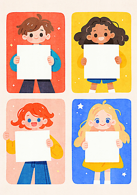 JPG 여자 남자 종이 어린이 일러스트 미소 들기 소녀 소년 여러명 상반신 반짝임 컬러풀 팻말 어린이만 카피스페이스 국내일러스트 AI일러스트 AI콘텐츠 컬러 다수 모션 프레임 표정 사람 공백 파일형식