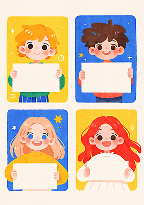 JPG 여자 남자 종이 어린이 일러스트 미소 들기 소녀 소년 여러명 상반신 반짝임 컬러풀 팻말 어린이만 카피스페이스 국내일러스트 AI일러스트 AI콘텐츠 컬러 다수 모션 프레임 표정 사람 공백 파일형식
