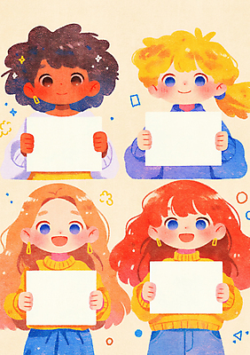 JPG 여자 종이 어린이 일러스트 미소 들기 소녀 여러명 상반신 반짝임 컬러풀 팻말 소녀만 카피스페이스 국내일러스트 AI일러스트 AI콘텐츠 컬러 다수 모션 프레임 표정 사람 공백 여자만 어린이만 파일형식