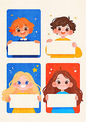 JPG 여자 남자 종이 어린이 일러스트 미소 들기 소녀 소년 여러명 상반신 반짝임 컬러풀 팻말 어린이만 카피스페이스 국내일러스트 AI일러스트 AI콘텐츠 컬러 다수 모션 프레임 표정 사람 공백 파일형식