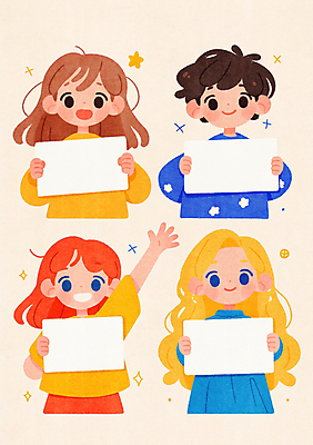 JPG 여자 남자 종이 어린이 일러스트 미소 들기 소녀 소년 여러명 상반신 반짝임 컬러풀 손들기 팻말 어린이만 카피스페이스 국내일러스트 AI일러스트 AI콘텐츠 컬러 다수 모션 프레임 표정 사람 공백 파일형식