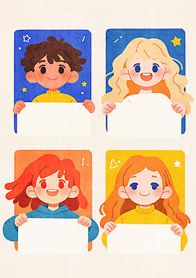 JPG 여자 남자 종이 어린이 일러스트 미소 들기 소녀 소년 여러명 상반신 반짝임 컬러풀 팻말 어린이만 카피스페이스 국내일러스트 AI일러스트 AI콘텐츠 컬러 다수 모션 프레임 표정 사람 공백 파일형식