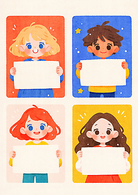 JPG 여자 남자 종이 어린이 일러스트 미소 들기 소녀 소년 여러명 상반신 반짝임 컬러풀 팻말 어린이만 카피스페이스 국내일러스트 AI일러스트 AI콘텐츠 컬러 다수 모션 프레임 표정 사람 공백 파일형식