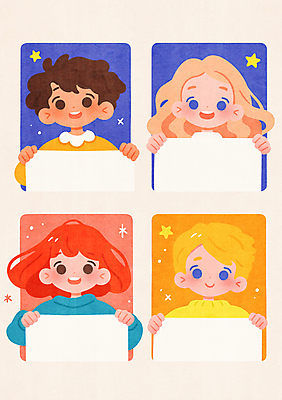 JPG 여자 남자 종이 어린이 일러스트 미소 들기 소녀 소년 여러명 상반신 반짝임 컬러풀 팻말 어린이만 카피스페이스 국내일러스트 AI일러스트 AI콘텐츠 컬러 다수 모션 프레임 표정 사람 공백 파일형식