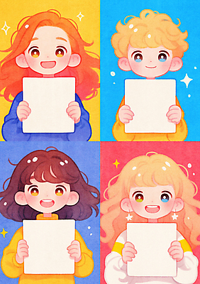 JPG 여자 남자 종이 어린이 일러스트 미소 들기 소녀 소년 여러명 상반신 반짝임 컬러풀 팻말 어린이만 카피스페이스 국내일러스트 AI일러스트 AI콘텐츠 컬러 다수 모션 프레임 표정 사람 공백 파일형식